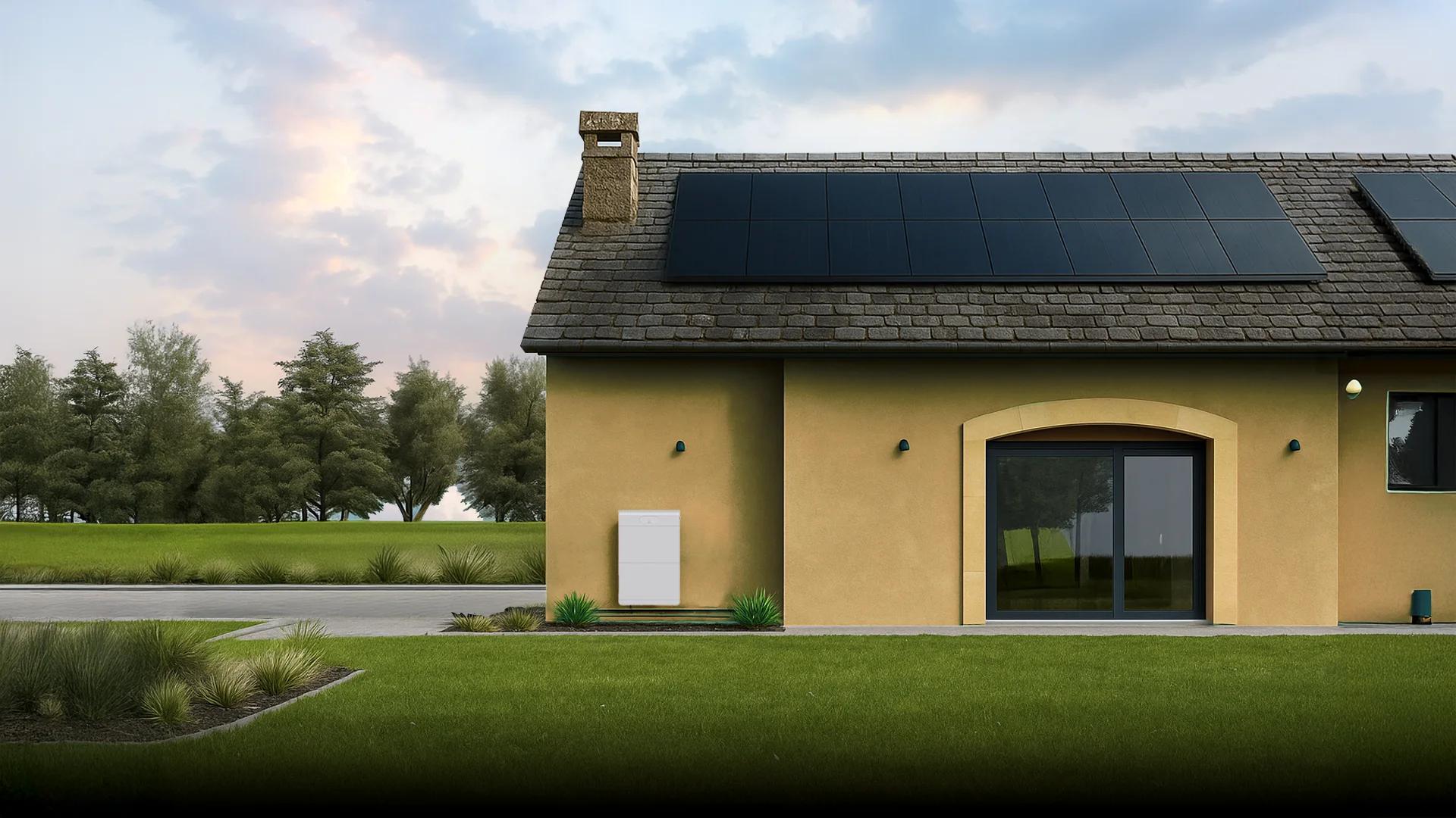 Haus mit Solaranlage und einem Batteriespeicher an der Aussenwand