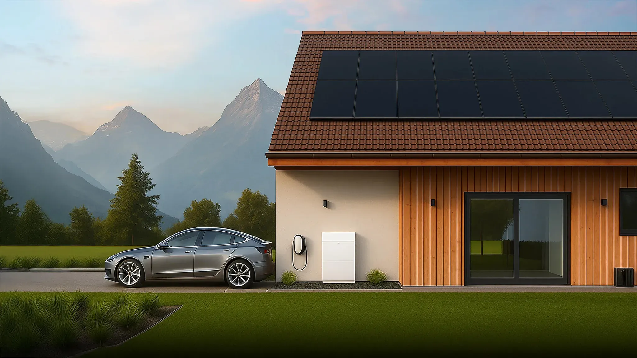 Haus mit Photovoltaik, Speicher und Wallbox angeschlossen an ein E-Auto