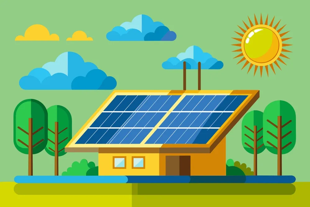 Haus mit Solarmodule und Sonne im Himmel